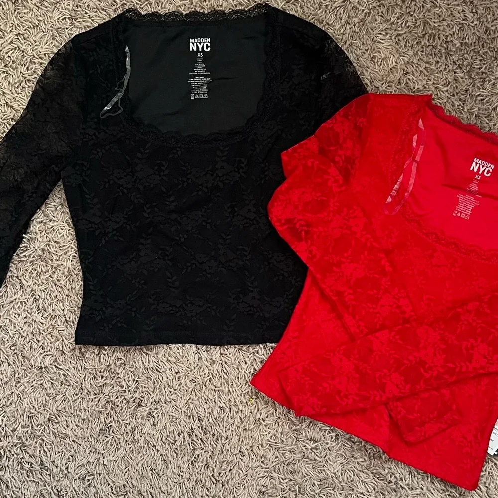 Madden NYC Women's Lace Scoop Neck Tops (2) With Sheer Long Sleeves Size: XS - Picture 2 of 7